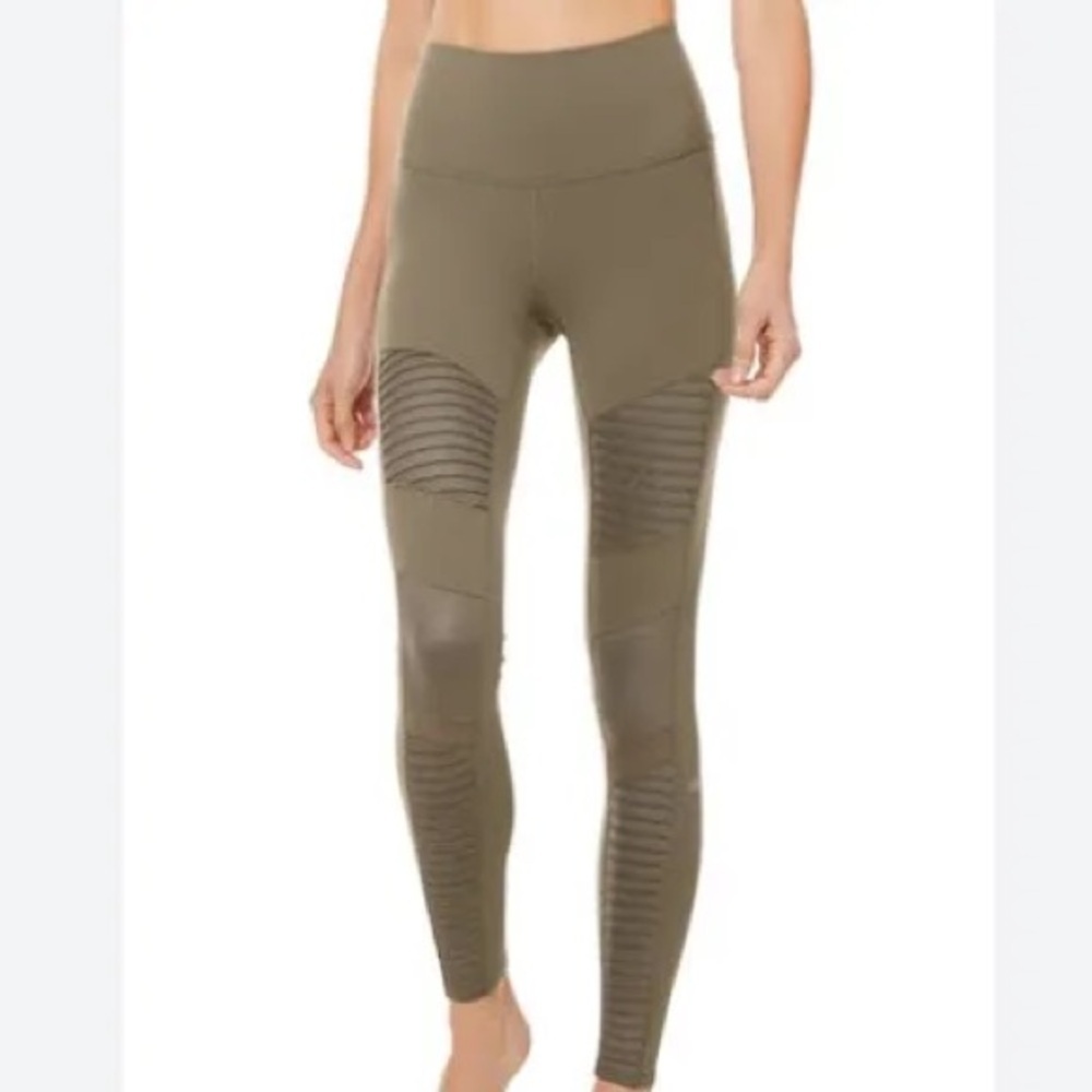 Alo Yoga High-Waisted Moto Legging Olive Ribbed Mesh Performance Tights Size XXS